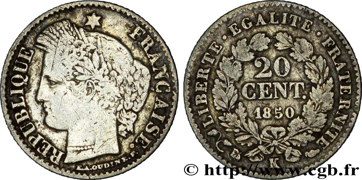 20 centimes Cérès, IIe République 1850 Bordeaux F.146/5 TB15 