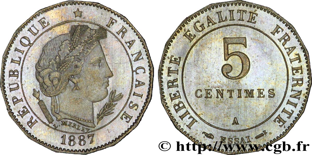 Essai de 5 centimes Merley, 16 pans 1887 Paris VG.4057  SPL63 
