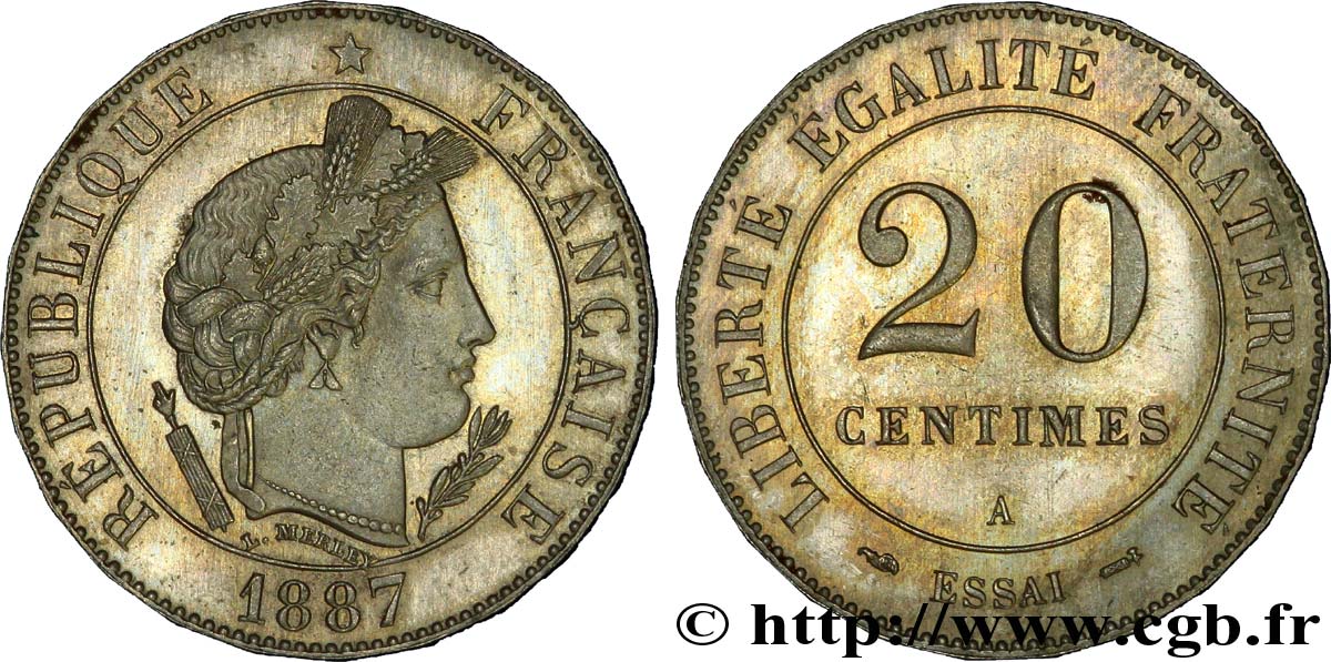 Essai de 20 centimes Merley, tranche à 24 pans 1887 Paris VG.4050  SUP60 