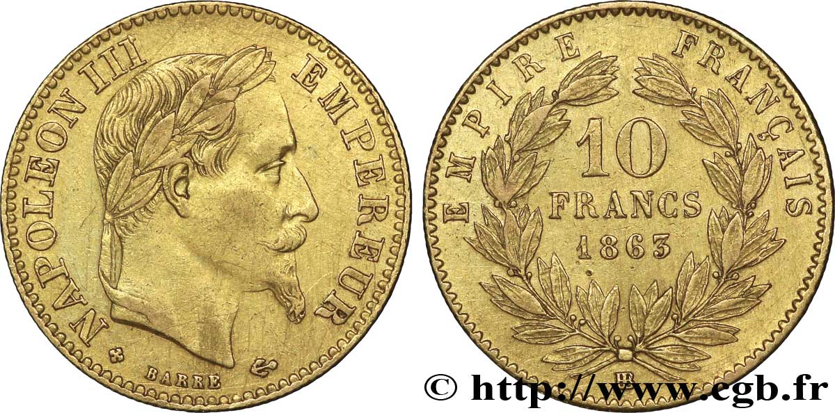 10 francs or Napoléon III, tête laurée 1863 Strasbourg F.507A/4 SS48 