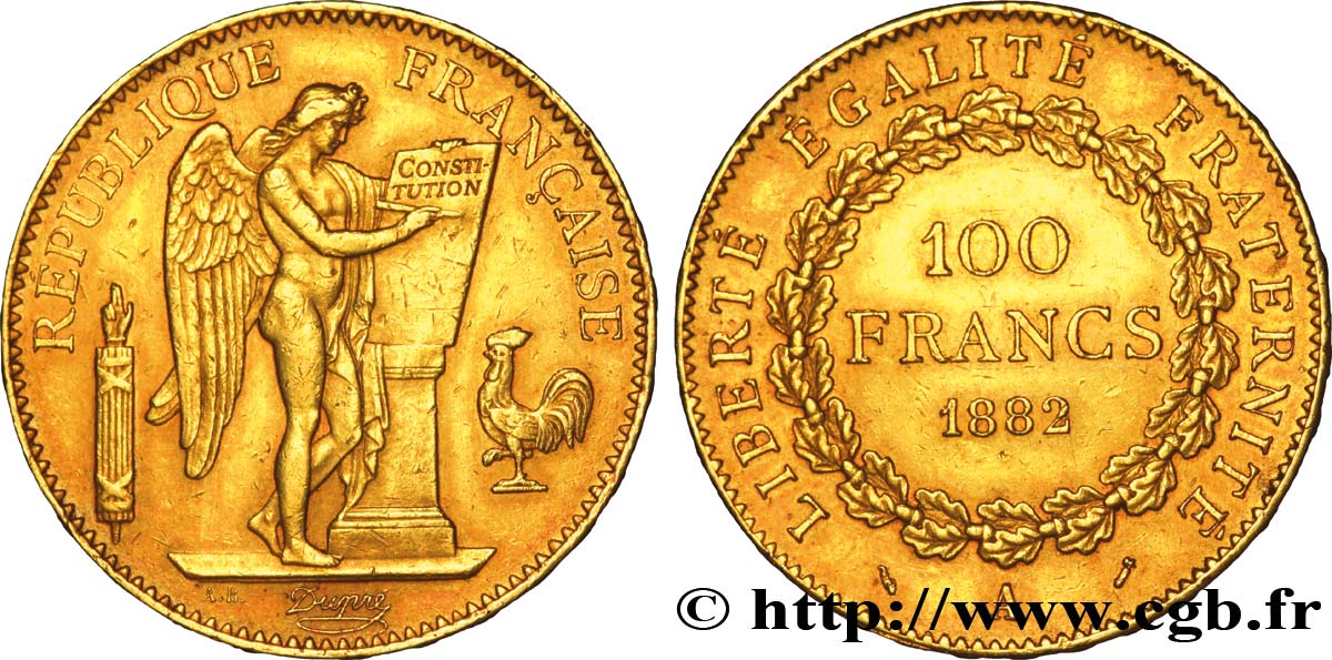 100 francs or Génie, tranche inscrite en relief Dieu protège la France 1882 Paris F.552/5 AU50 