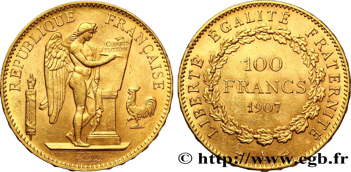 100 francs or Génie, tranche inscrite en relief Liberté Égalité Fraternité 1907 Paris F.553/1 AU52 