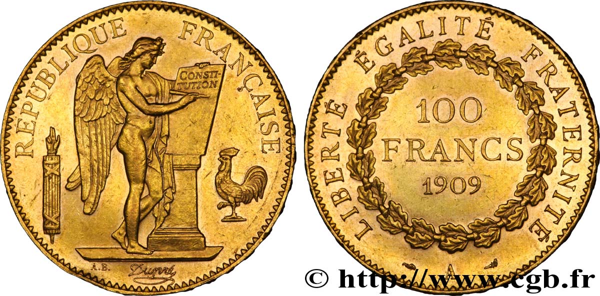 100 francs or Génie, tranche inscrite en relief Liberté Égalité Fraternité 1909 Paris F.553/3 EBC55 
