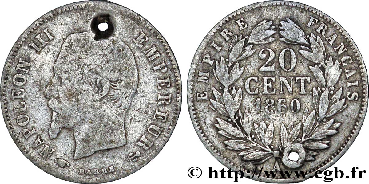 20 centimes Napoléon III, tête nue 1860 Paris F.148/13 VG10 
