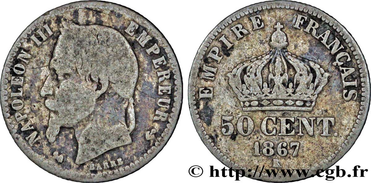 50 centimes Napoléon III, tête laurée 1867 Bordeaux F.188/19 B12 