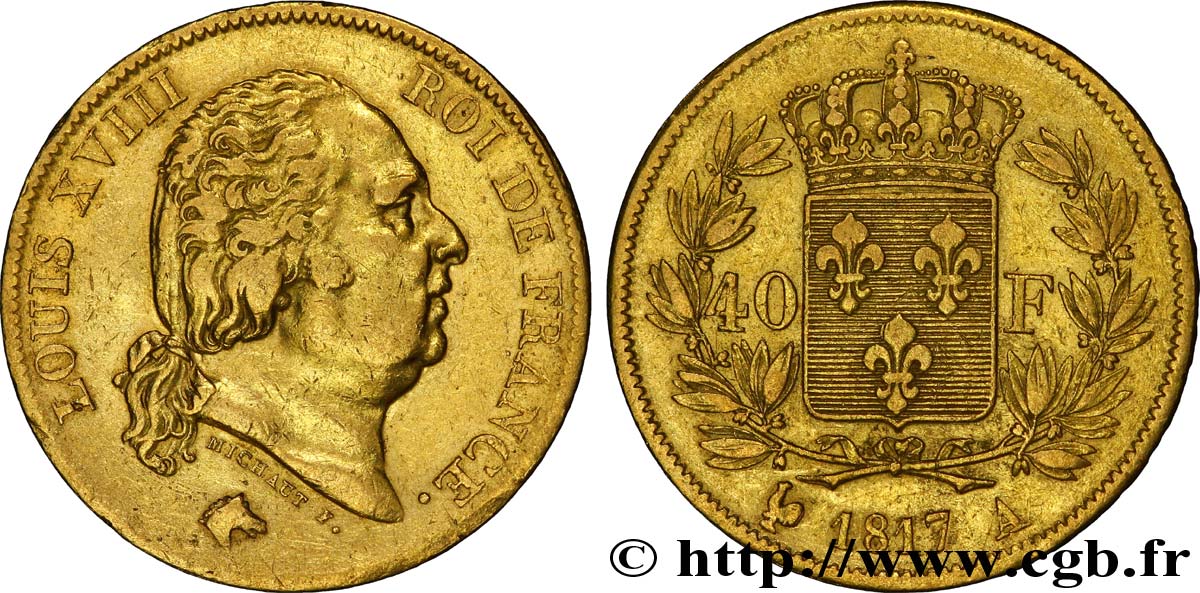 40 francs or Louis XVIII 1817 Paris F.542/6 XF45 