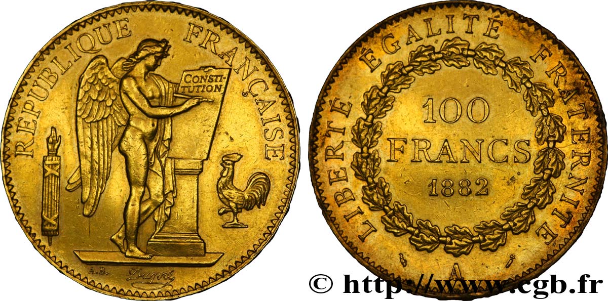 100 francs or Génie, tranche inscrite en relief Dieu protège la France 1882 Paris F.552/5 BB52 