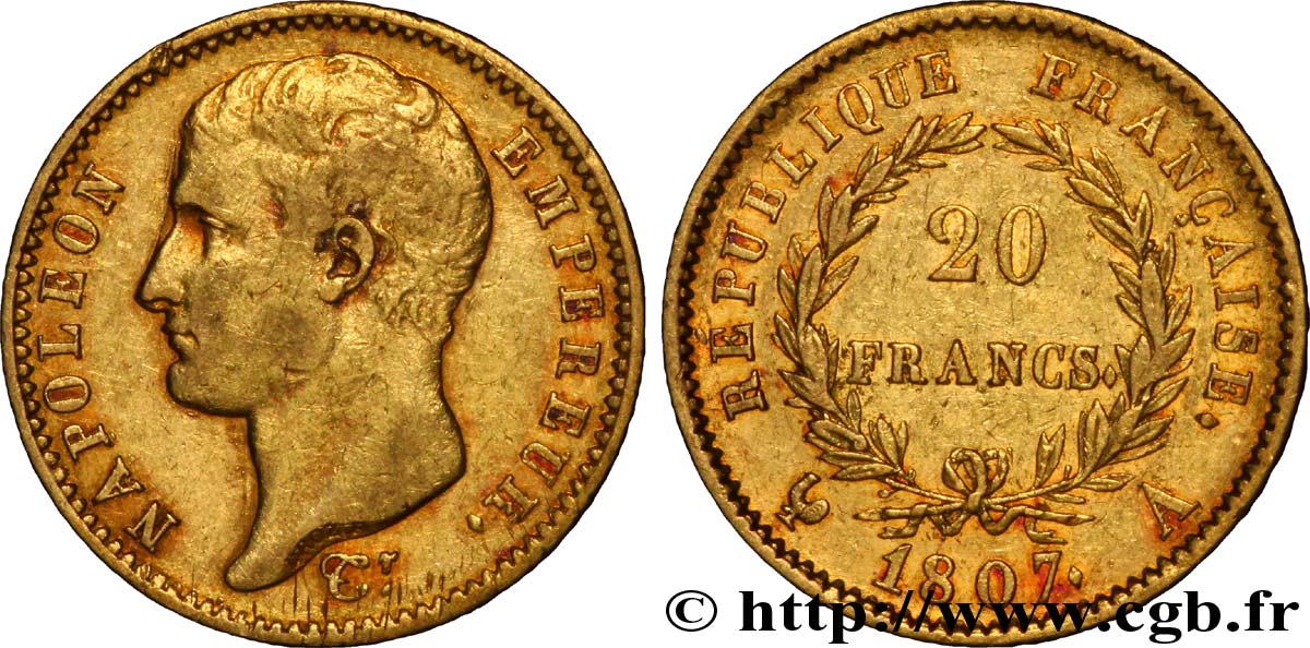 20 francs or Napoléon tête nue, type transitoire 1807 Paris F.514/1 MBC40 