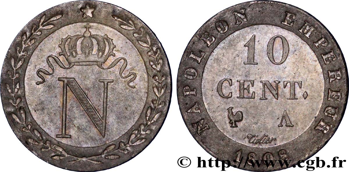 10 cent. à l N couronnée 1808 Paris F.130/2 var. AU58 