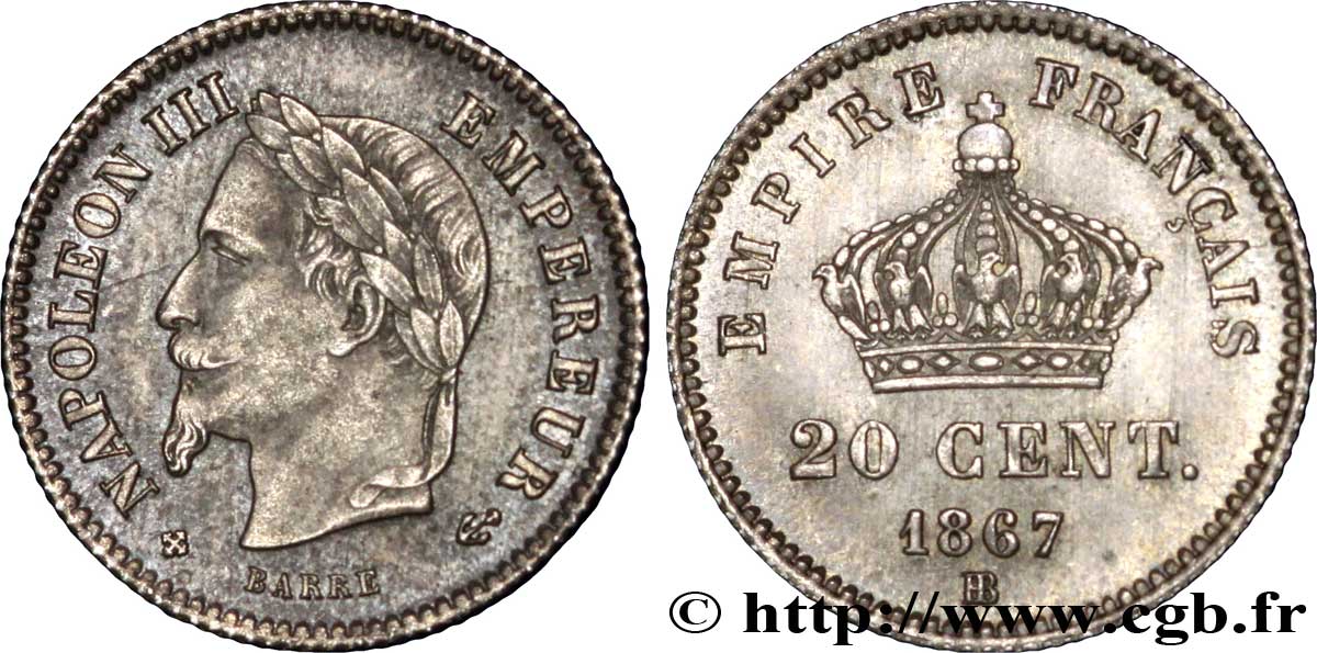 20 centimes Napoléon III, tête laurée, grand module 1867 Strasbourg F.150/2 SPL61 
