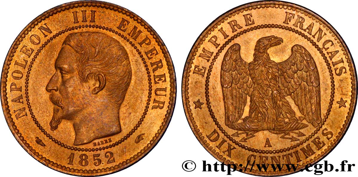 Dix centimes Napoléon III, tête nue 1852 Paris F.133/1 SPL63 