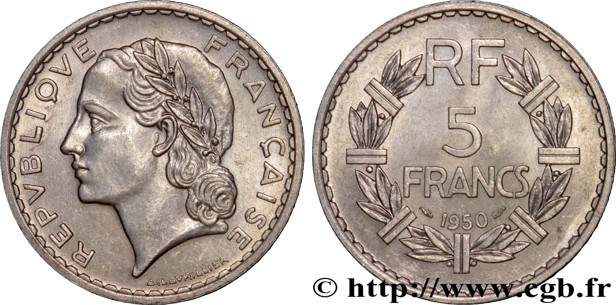 5 francs Lavrillier, aluminium 1950  F.339/20 MS65 