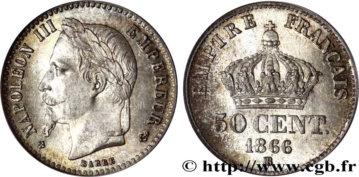 50 centimes Napoléon III, tête laurée 1866 Strasbourg F.188/10 SPL64 