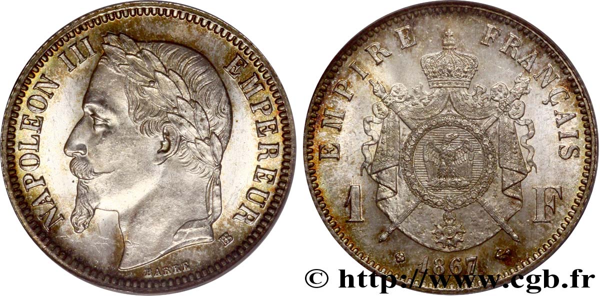 1 franc Napoléon III, tête laurée 1867 Strasbourg F.215/7 SPL63 