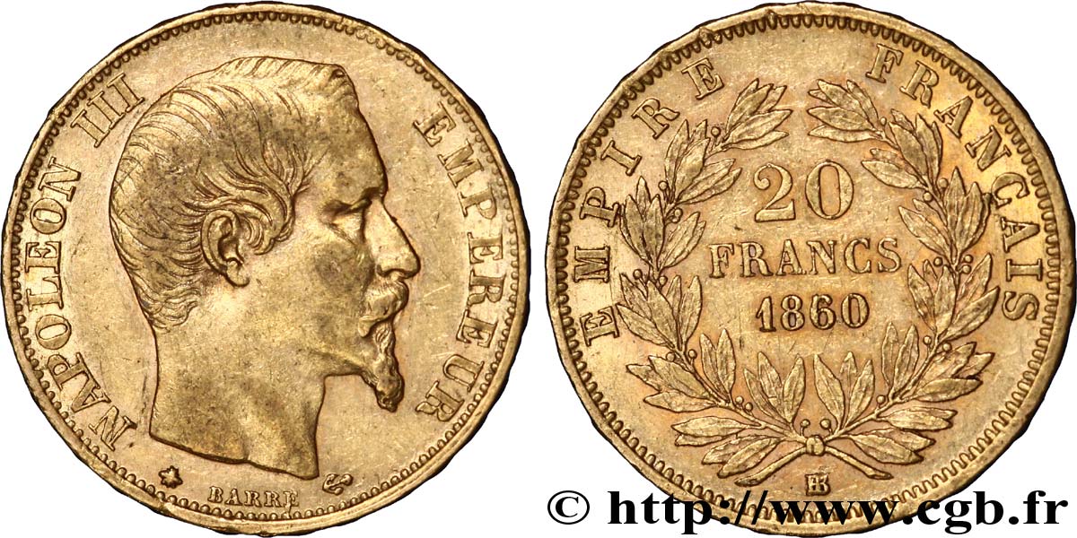 20 francs or Napoléon III, tête nue 1860 Strasbourg F.531/20 AU50 