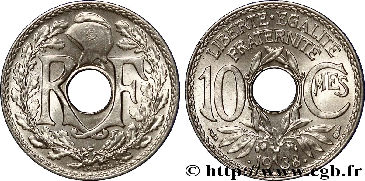 10 centimes Lindauer, maillechort 1938  F.139/2 MS65 