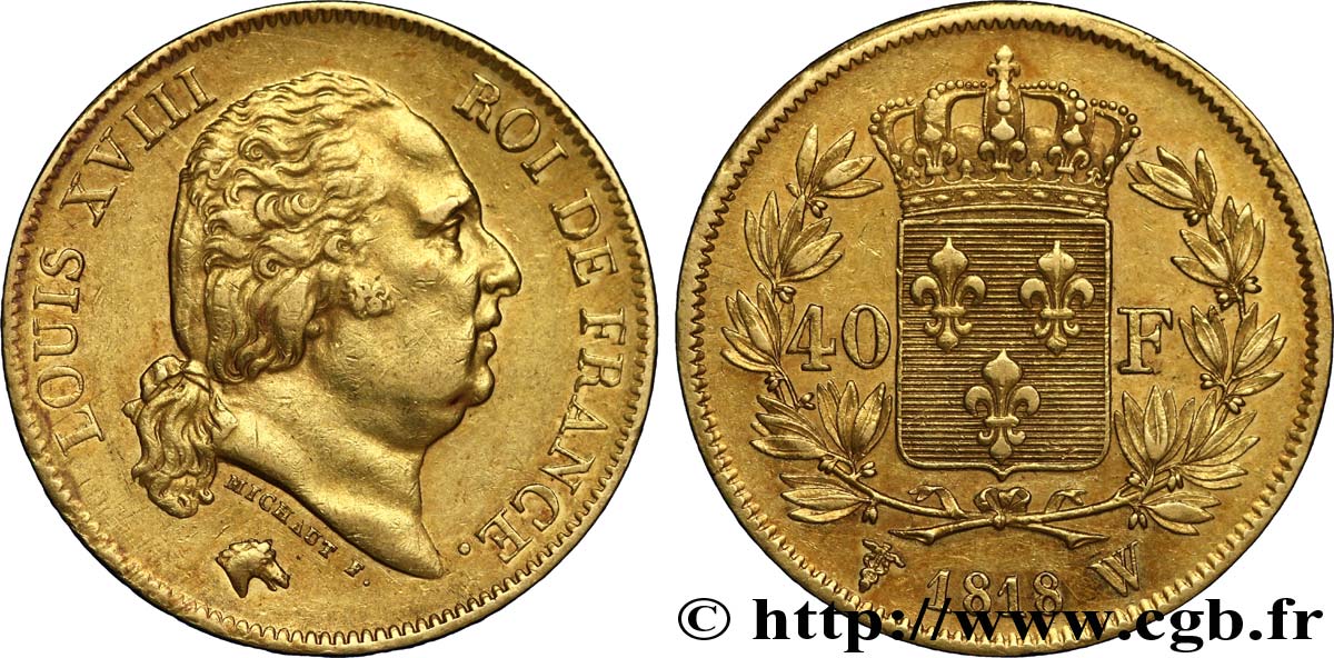 40 francs or Louis XVIII 1818 Lille F.542/8 XF48 