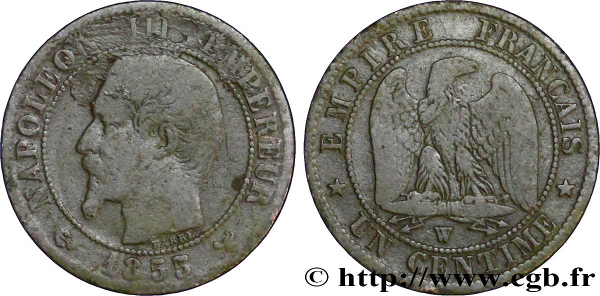 Un centime Napoléon III, tête nue 1855 Lille F.102/25 B12 