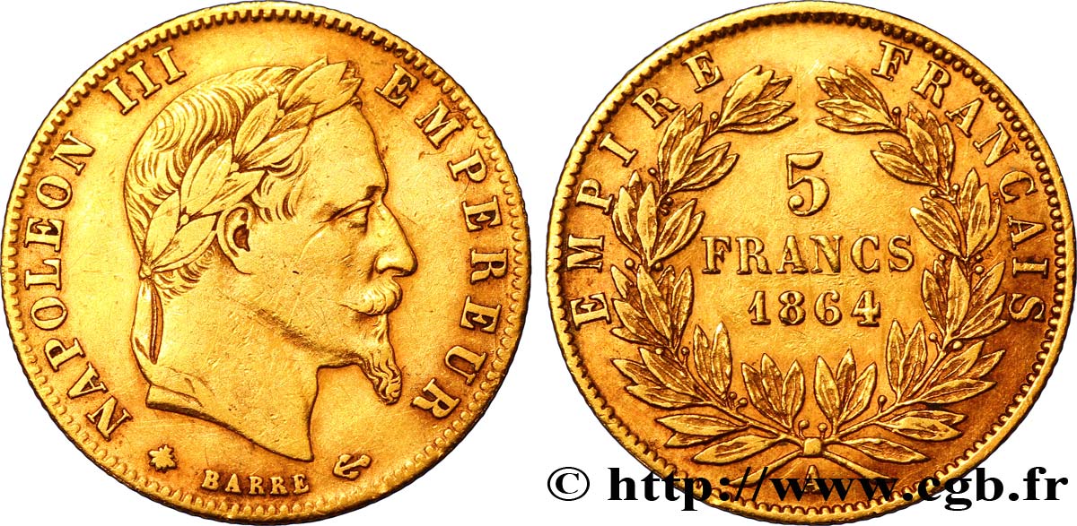 5 francs or Napoléon III, tête laurée 1864 Paris F.502/5 TTB40 