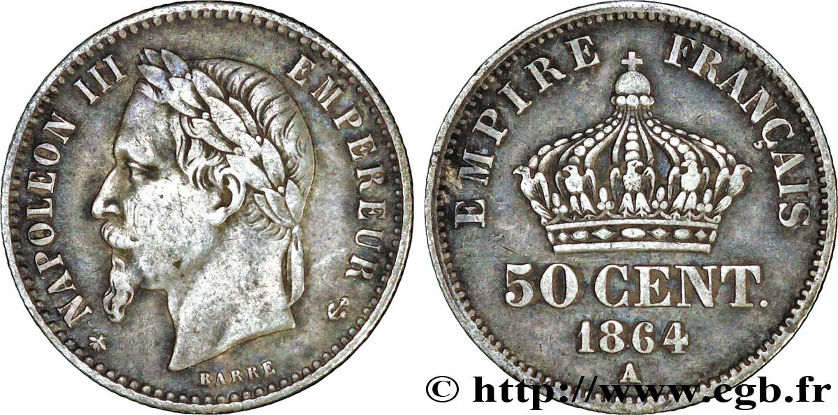 50 centimes Napoléon III, tête laurée 1864 Paris F.188/2 TTB48 