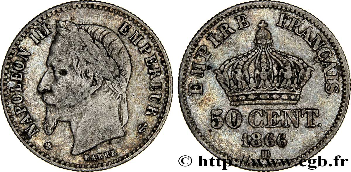 50 centimes Napoléon III, tête laurée 1864 Strasbourg F.188/3 TB30 