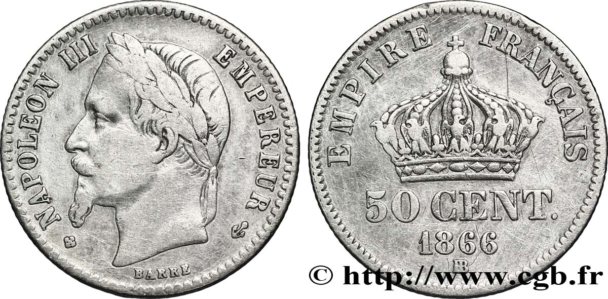 50 centimes Napoléon III, tête laurée 1866 Strasbourg F.188/10 TB35 