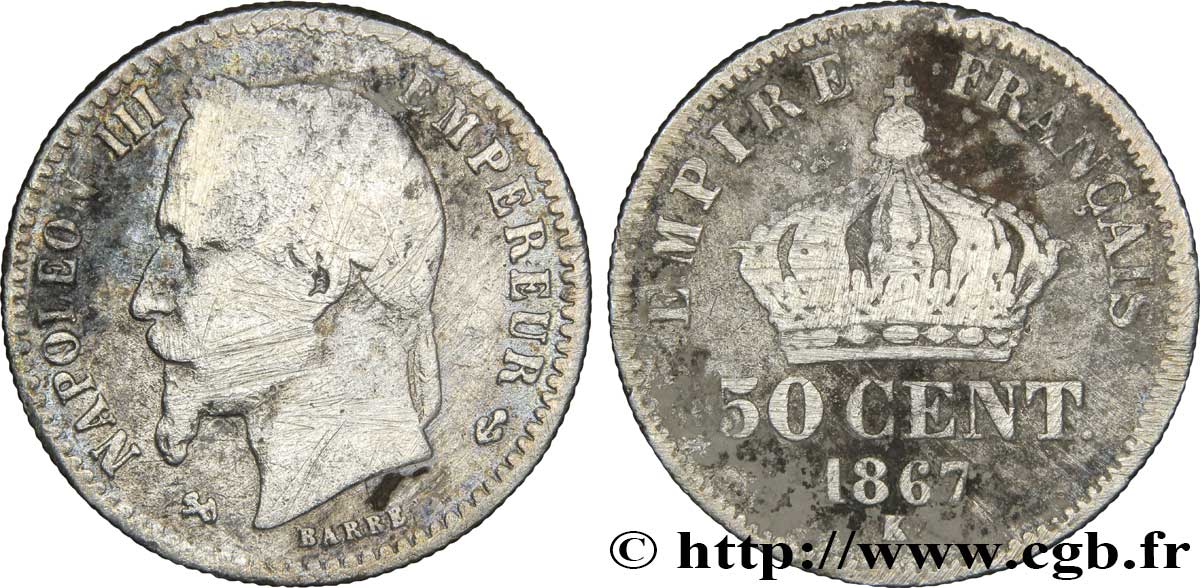 50 centimes Napoléon III, tête laurée 1867 Bordeaux F.188/19 B10 