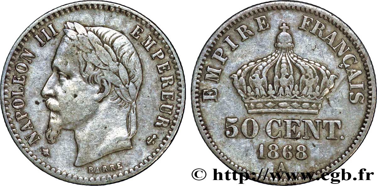 50 centimes Napoléon III, tête laurée 1868 Paris F.188/20 S30 