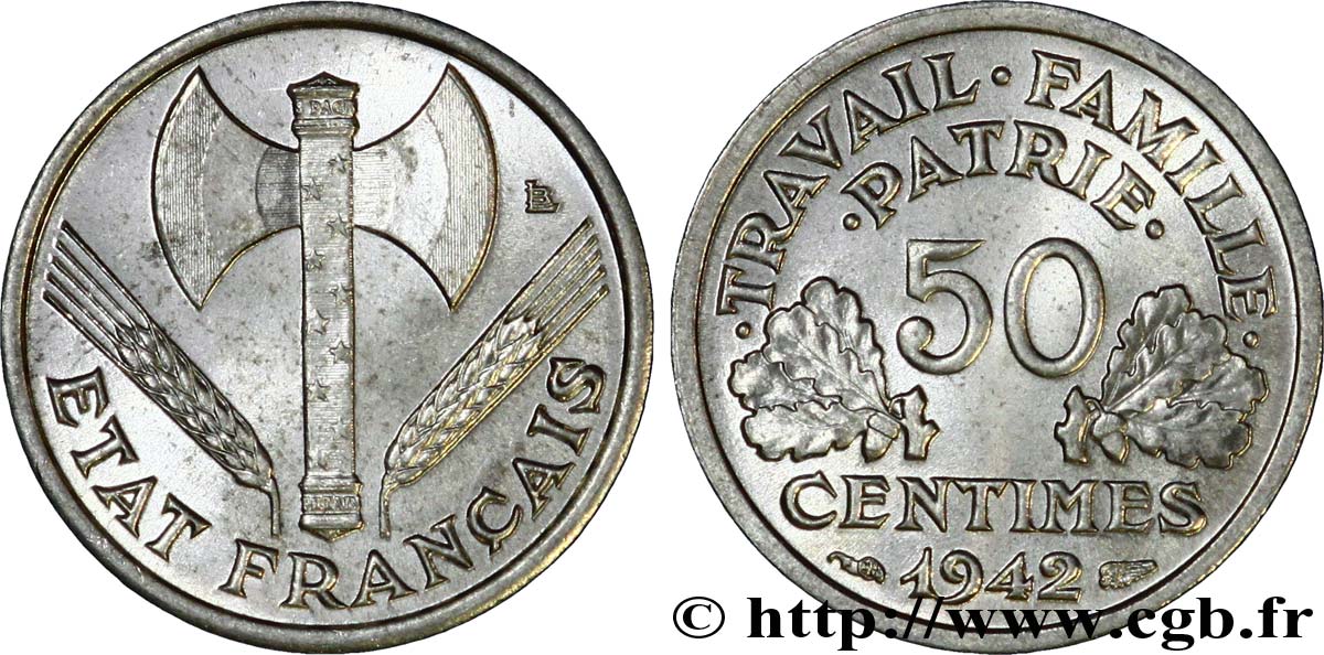 50 centimes Francisque, lourde 1942  F.195/3 MS65 