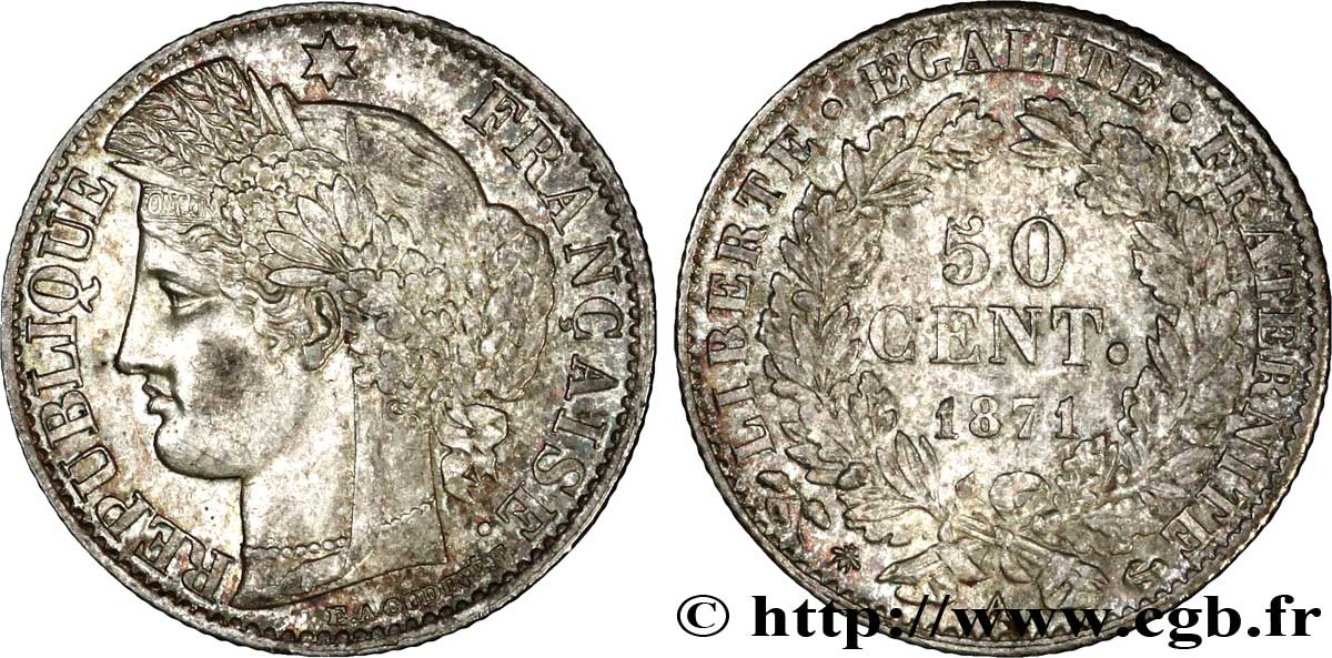 50 centimes Cérès, IIIe République 1871 Paris F.189/1 VZ58 