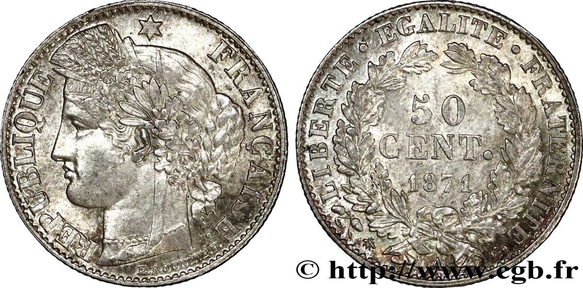 50 centimes Cérès, IIIe République 1871 Paris F.189/1 SPL60 