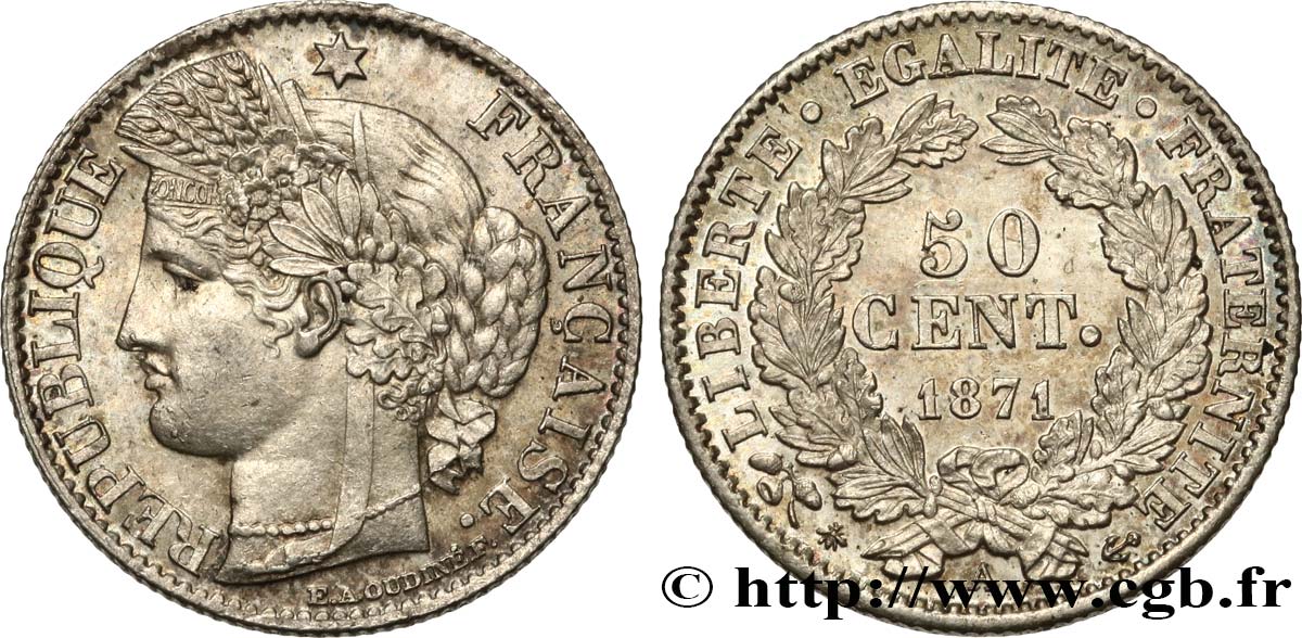 50 centimes Cérès, IIIe République 1871 Paris F.189/1 MS62 