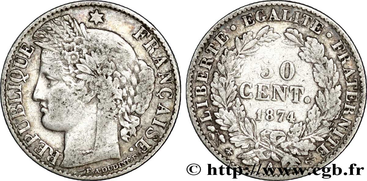50 centimes Cérès, IIIe République 1874 Paris F.189/7 TB35 