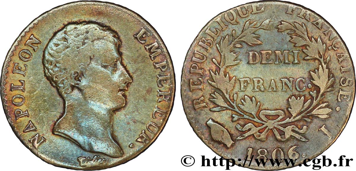 Demi-franc Napoléon Empereur, Calendrier grégorien 1806 Limoges F.175/2 TB25 