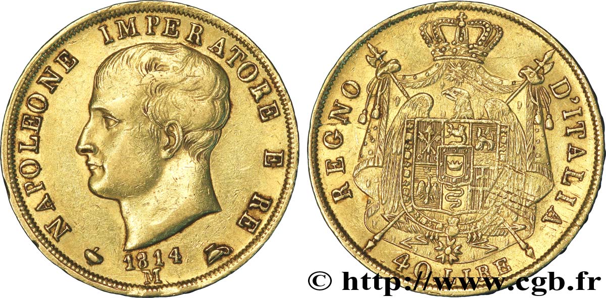40 lire Napoléon Empereur et Roi d’Italie, 2e type, tranche en creux 1814 Milan M.203  SS50 