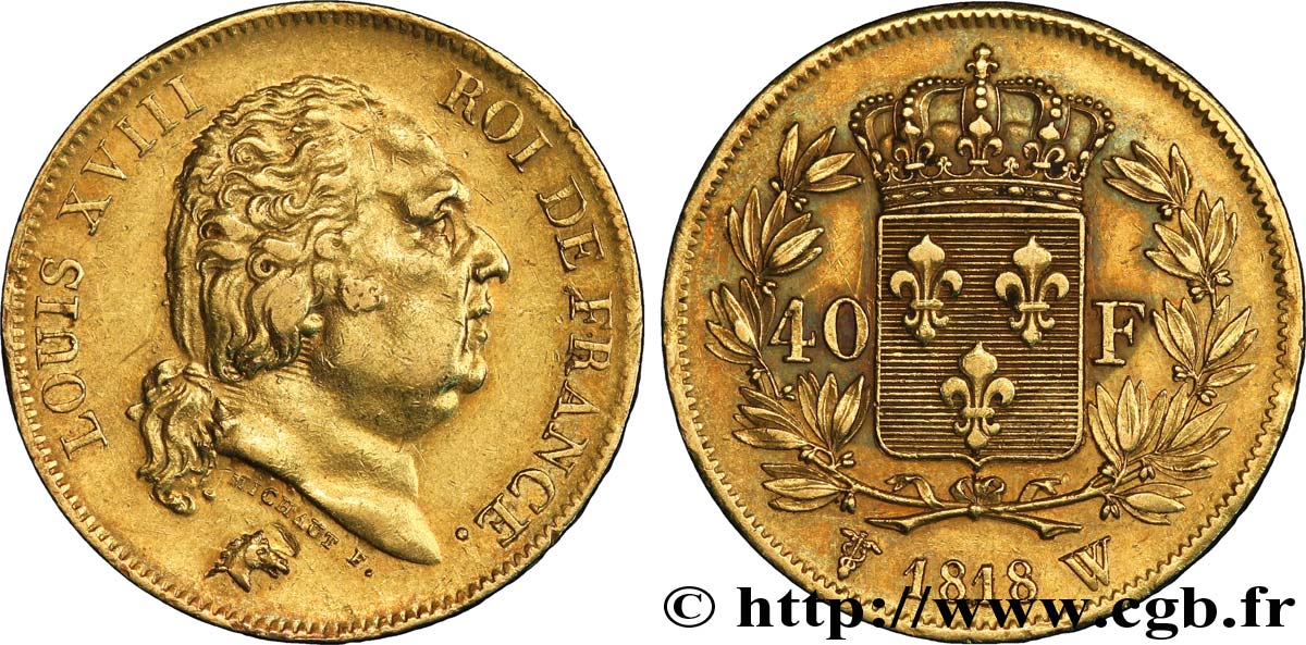 40 francs or Louis XVIII 1818 Lille F.542/8 XF45 