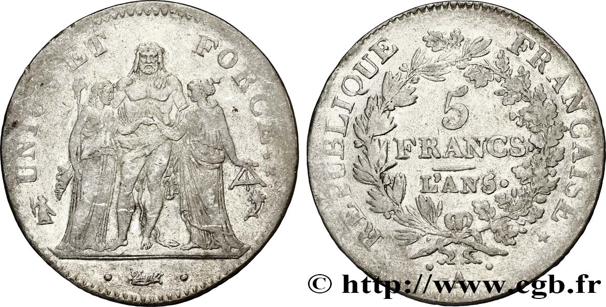 5 francs Union et Force, Union desserré, avec glands intérieurs et gland extérieur 1797 Paris F.291/9 TB35 