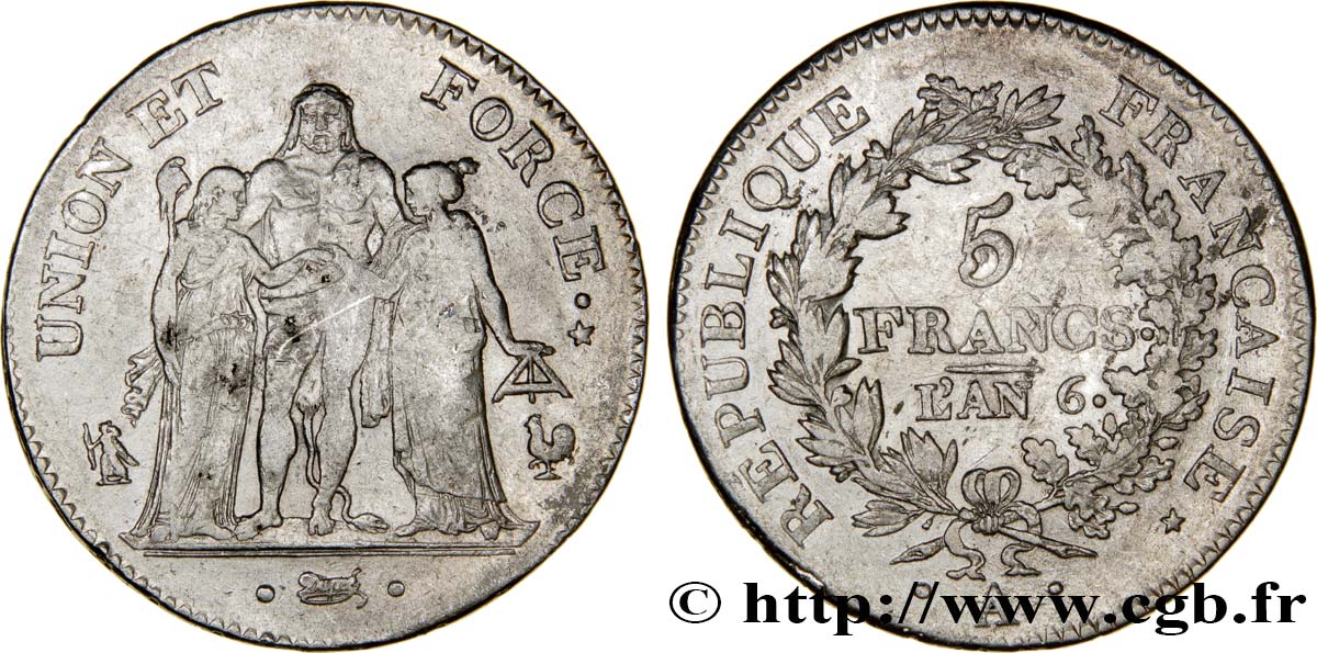 5 francs Union et Force, Union serré, gland intérieur haut, gland extérieur, petite feuille 1798 Paris F.288/33 TB30 