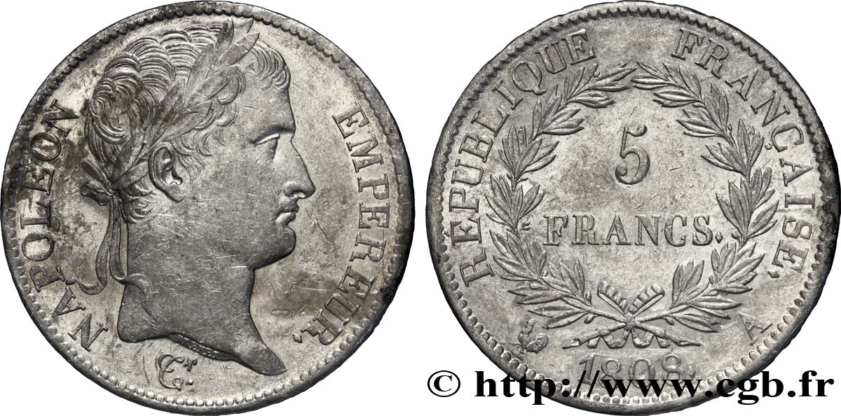 5 francs Napoléon Empereur, République française 1808 Paris F.306/2 TTB50 