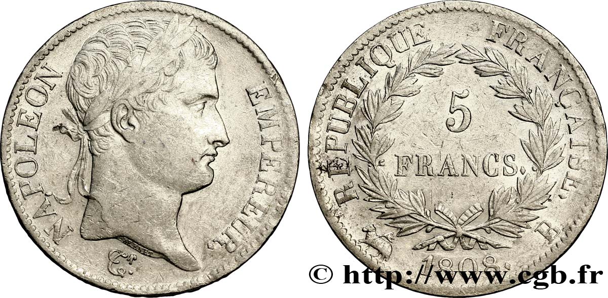 5 francs Napoléon Empereur, République française 1808 Rouen F.306/3 TB30 