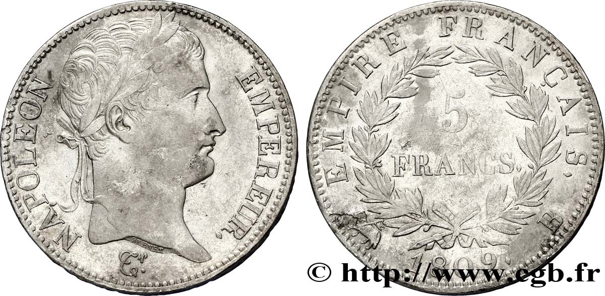 5 francs Napoléon Empereur, Empire français 1809 Rouen F.307/2 TTB48 
