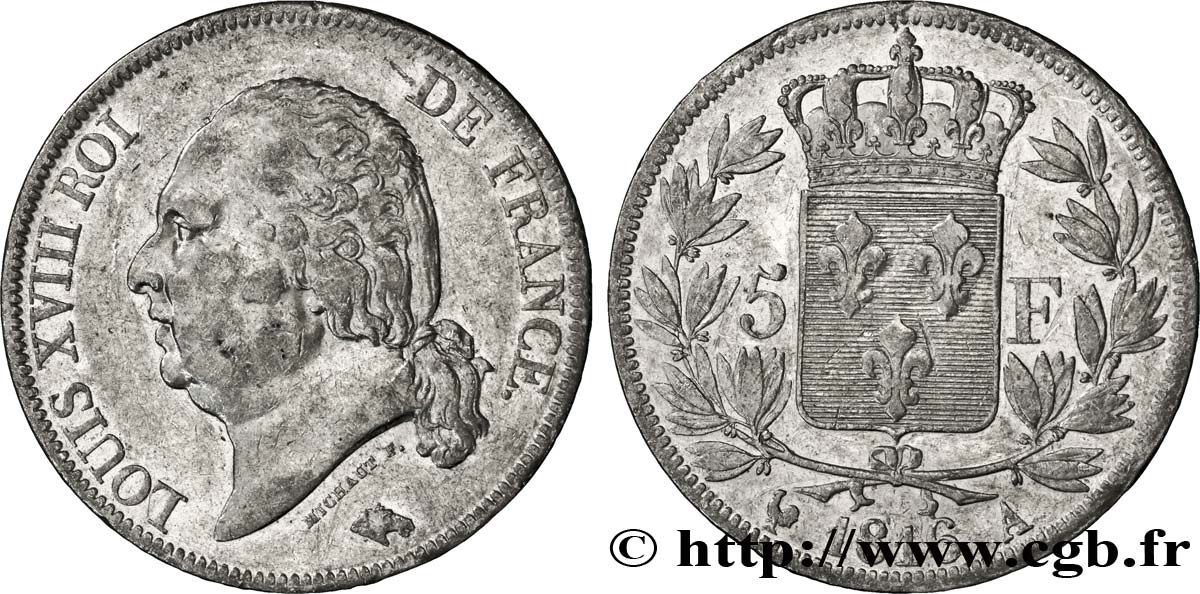5 francs Louis XVIII, tête nue 1816  Paris F.309/1 XF40 