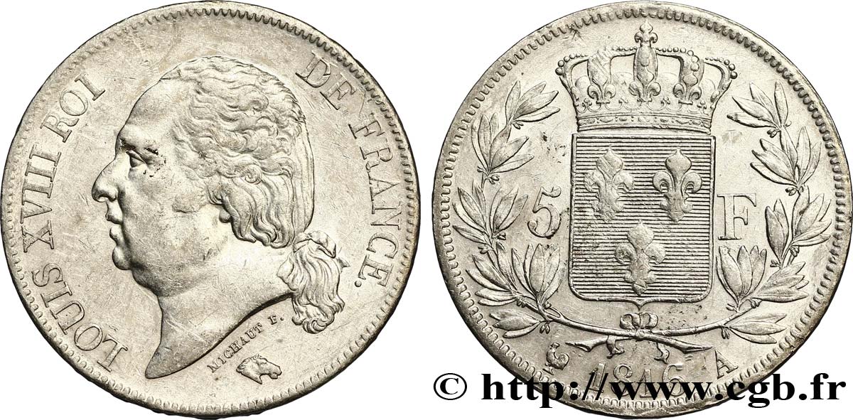 5 francs Louis XVIII, tête nue 1816  Paris F.309/1 TTB42 