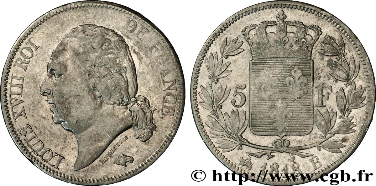 5 francs Louis XVIII, tête nue 1818 Rouen F.309/29 TB25 