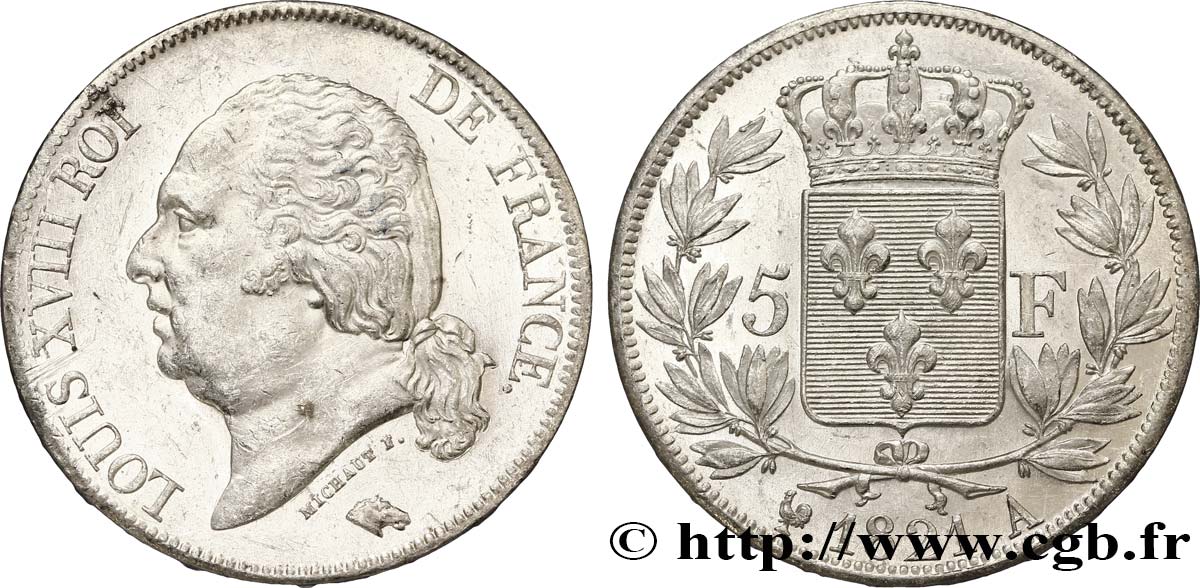 5 francs Louis XVIII, tête nue 1821 Paris F.309/60 AU58 
