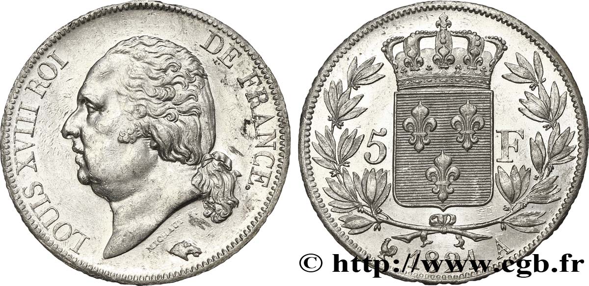 5 francs Louis XVIII, tête nue 1821 Paris F.309/60 SUP55 