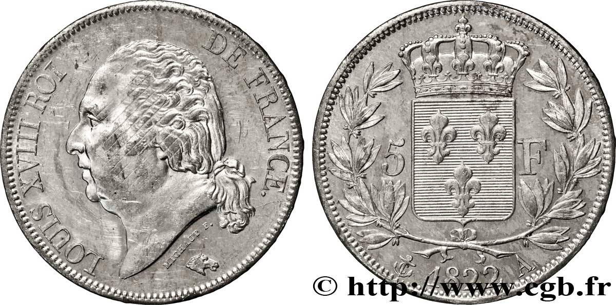 5 francs Louis XVIII, tête nue 1822 Paris F.309/68 VZ60 
