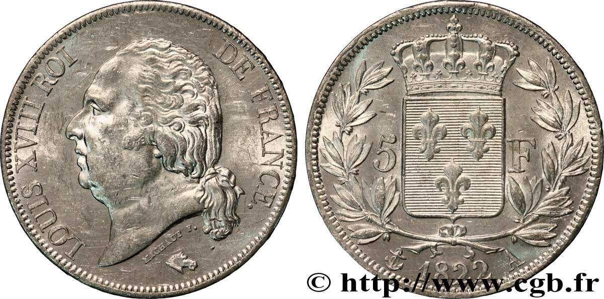 5 francs Louis XVIII, tête nue 1822 Paris F.309/68 VZ61 