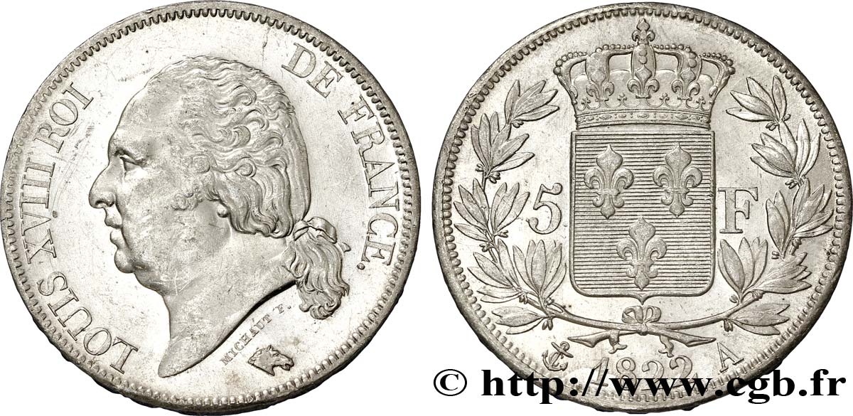 5 francs Louis XVIII, tête nue 1822 Paris F.309/68 MS61 