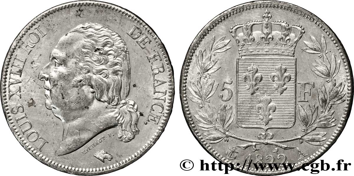 5 francs Louis XVIII, tête nue 1822 Paris F.309/68 SUP60 